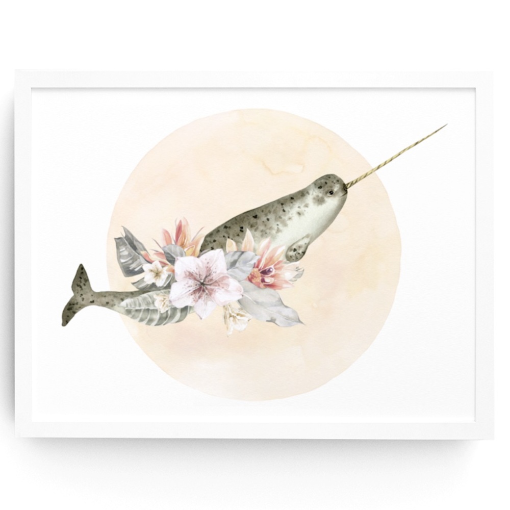 Watercolor Floral Narwhal Wall Art Illustration Print Poster Card Unframed - Picture 1 of 5